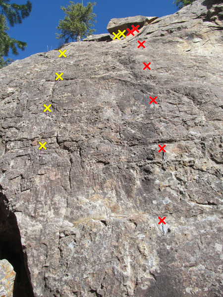 Short Stack (left, yellow) and Bakin' and Eggs (right, red), note the draws in place from our leads showing where the bolted lines go up. The routes are identified from the book Western Sloper and our Oct. 2016 visit.