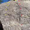 Short Stack (left, yellow) and Bakin' and Eggs (right, red), note the draws in place from our leads showing where the bolted lines go up. The routes are identified from the book Western Sloper and our Oct. 2016 visit.