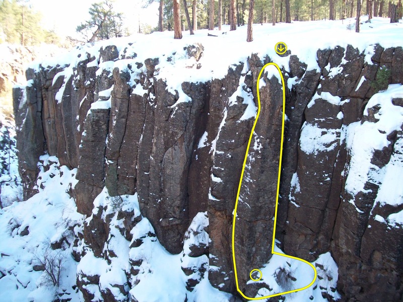 Mohairs Pinnacle and belay ledge outlined and covered in white. Photo Cred:CO_Michael