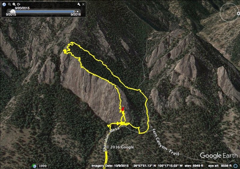 GPS route for The Slab - Bulges, 5.2.  <br>
<br>
The route becomes much easier at the red marker.