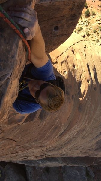 Hero shot of final crux move. 4th pitch