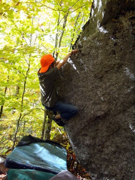 Elmer Robichaud on the FA of "Stop!  You're Under Arete" (V1).