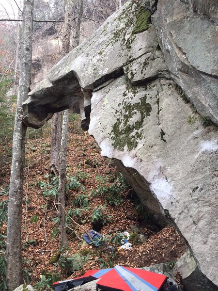 "Wing and A Prayer" begins under the roof below the pads pictured here, and follows the beautiful compression arete.