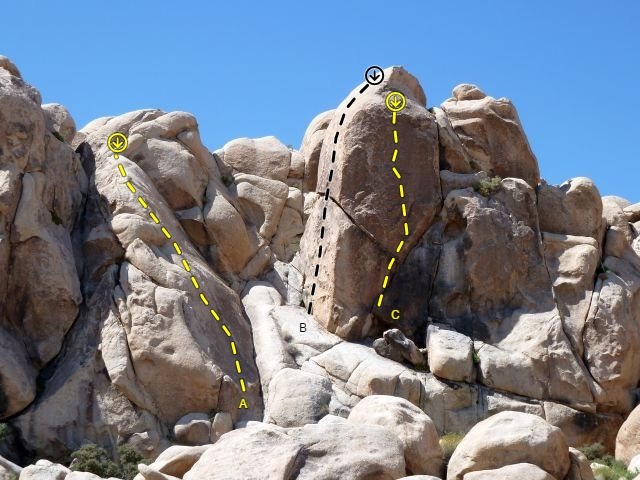 Photo/topo for GC 2, Joshua Tree NP<br>
<br>
A. Klettervergnugen (5.9)<br>
B. Blitzkrieg (5.12a) <br>
C. 29 Bombs (aka Hitler Youth) (5.11a)