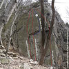 Several routes on the Northwest Buttress at Chickies Rock, taken from Michael Hartman's guide at http://bit.ly/2gp8wFv.