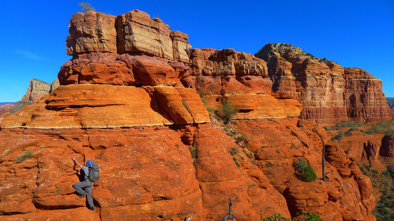 Scrambling to the base of the technical pitch.