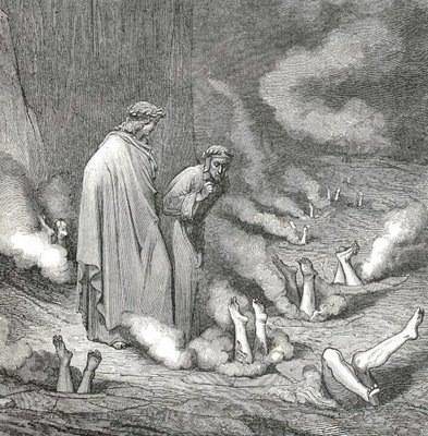 Dante and Virgil observe the fate of the hypocrites in the inferno, who broke the rules and drilled fictional climbs while condemning those who followed the traditional ethic of a Second on a FA.