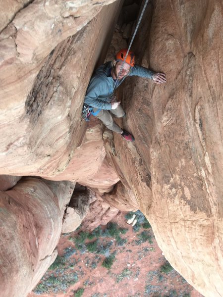 In the chimney at the top of pitch 4. This is the top of Blood, Sweat and Fears. 