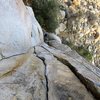 Looking down while climbing Ace of Spades. The corner on the left is the equally-awesome route Popular Mechanics. Both of these routes are reminiscent of High Sierra climbing.