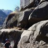 View of the route from the belay up to the start of the hand/fist crack where the difficulty begins.  I'm placing a BD #2 to protect the beginning of the hand/fist crack, after back cleaning a #3 from the bulge below my feet.