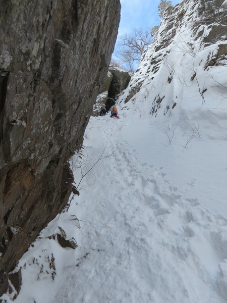 Looking up at a group above, just before the real climbing (2016)