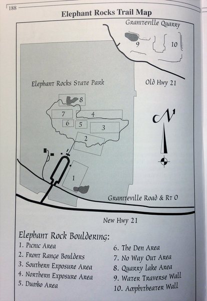 Elephant Rocks SP Bouldering Map provided by Marcus during the mid 90's