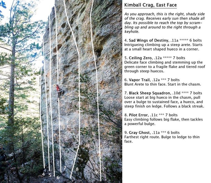 Kimball Canyon North Face Routes. The climber in the photo is leading on "Black Sheep Squadron".