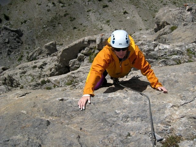 Top of Voie des Quarantes.  Patty Black finishing up the sixth pitch.