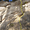 Newer line with perma-draws has a good combination of feature climbing, pockets, face, and upper crux layback