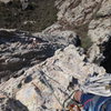 Looking down the 4th pitch of Filo Noroccidental, right after gaining the main ridgeline.<br>
<br>
Photo by Mauricio Herrera Cuadra.