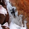 Matt Scullion climbing one of the middle pitches of Hidden Haven in March 2011