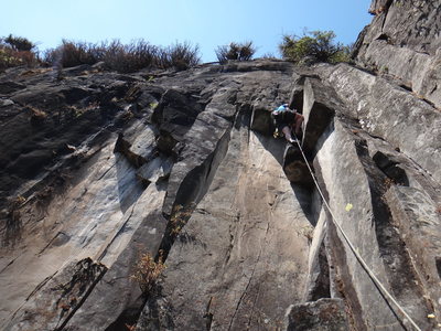 Armando Dattoli on the crux roofs of Diedro Negro.<br>
<br>
Photo by Mauricio Herrera Cuadra.