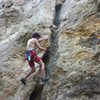 Brad on the badass burly lieback flake that comprises the first third of this route