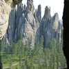 Looking out from crack on regular Conn route on Obelisk formation