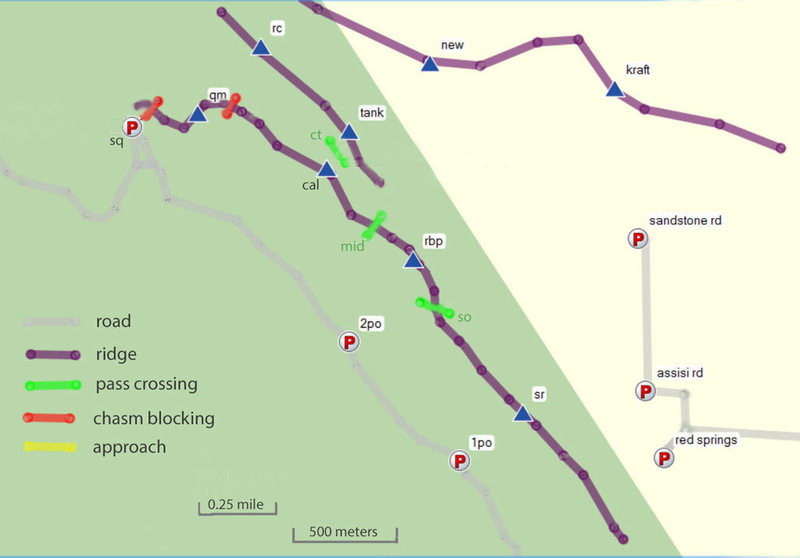 map of Calico peaks + ridges ...
<br>
. qm - Quarry View / Point 4708
<br>
. rc - Red Cap
<br>
. cal - Calico Peak (4850)
<br>
. tank - Tank Peak
<br>
. rbp - Red Book Point
<br>
. sr - South Ridge
<br>
pass crossings
<br>
. ct - Calico/Tank pass
<br>
. mid - Middle
<br>
. so - Stairmaster pass