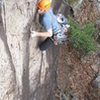 Max navigating the sea of crimps on Flying Frog, Tallulah Gorge.