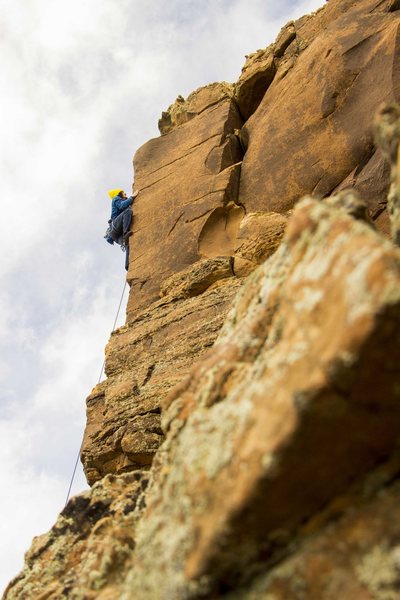 Local Montrosian Jeremy Trujillo getting some real stone in the day after state climbing. 5.11 arete.