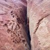 Looking up the honeycomb offwidth from the first belay. You'll want two 5" cams for this part.