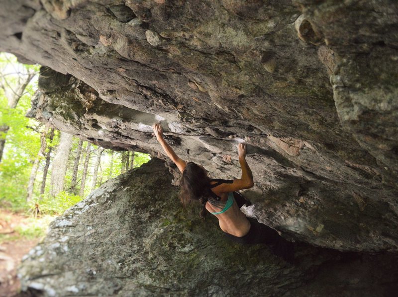 Audrey Scott hanging onto the perfect pinches of "Nancy With an E" (V7) in Grayson Highlands State Park, VA