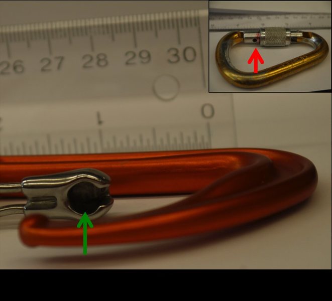 Fig 5. Dyon Review. Receiver pocket of Dyon (green arrow). Insert shows drainage hole in a solid-gate Attache (red arrow). 