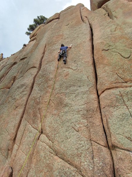 Launching into the start of the climb. The crack on the right is Steppenwolf.