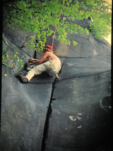 7-4-77 Jerry Erb climbing Crucial Groove, Cesspool area, gear and fashion improved.