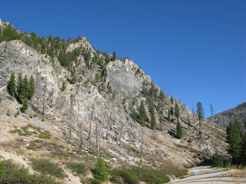 The shield as seen from highway 21. The flake roof on pitch 2 is left of center.