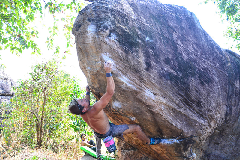 Japanese climber on Pinker Tips Direct V10. Photo during Khon Kaen bouldering Festival jan 2017