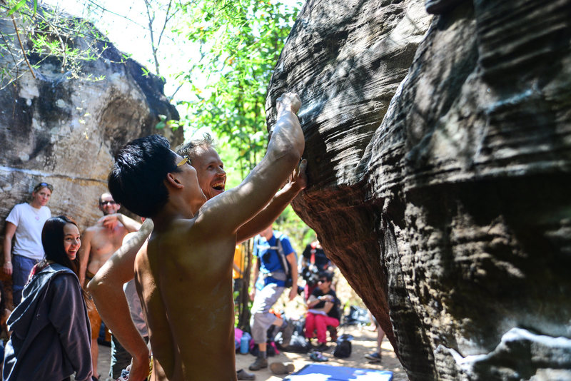 Cleaning the hold before climbing