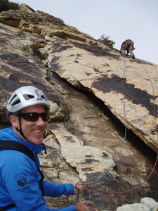 (START of Route) Mike belays P1 as Larry leads