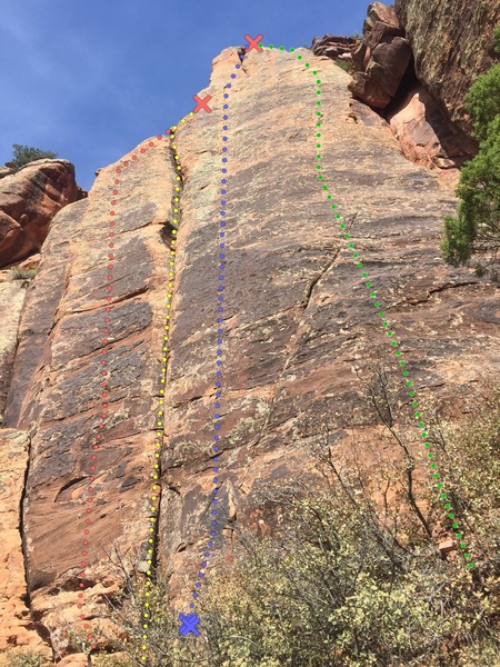 Reck Rocks Simulator Wall.<br>
<br>
Air Time - orange,<br>
Rope Master's Crack - yellow.<br>
High Time - blue.<br>
Arm and Hammer - green.