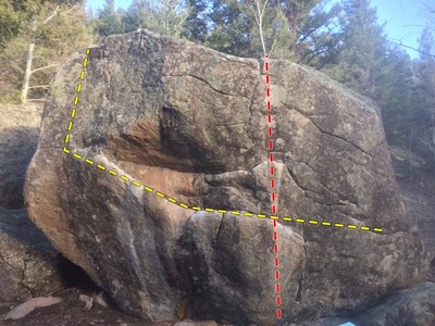 West Face Breakfast Boulder.<br>
<br>
V5 Traverse - yellow.<br>
V3 - red.