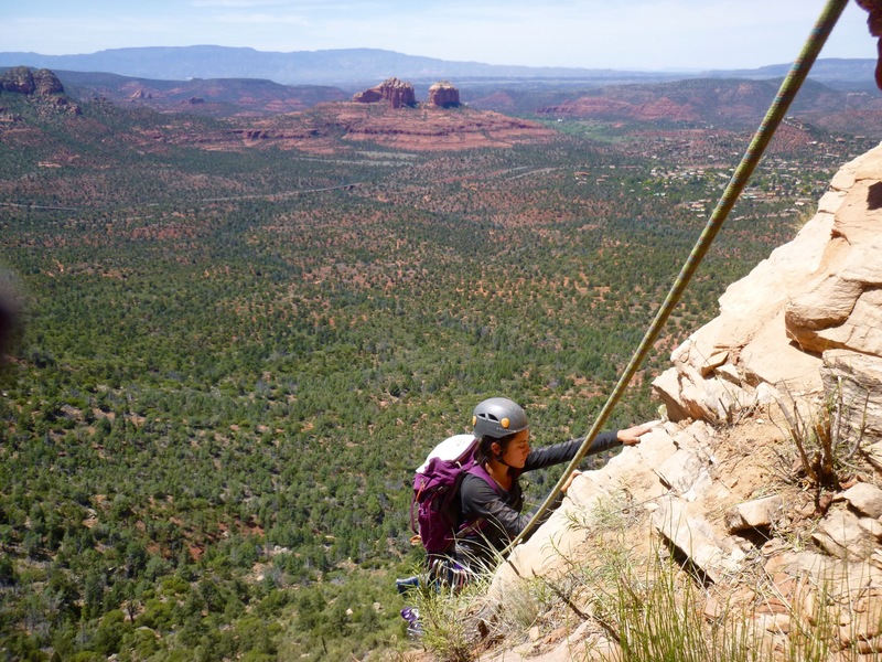 Coming up to the first belay ledge with Cathedral Rocks as backdrop.