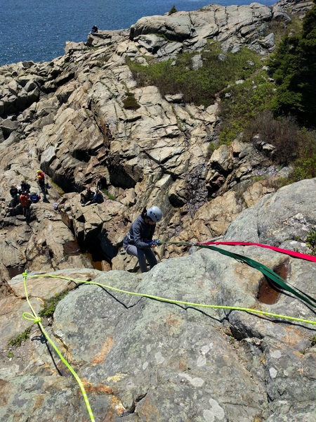 Rapping down over Barnacle, red & green webbing (Rapping not required, walking around and down is easier - we were just practicing).