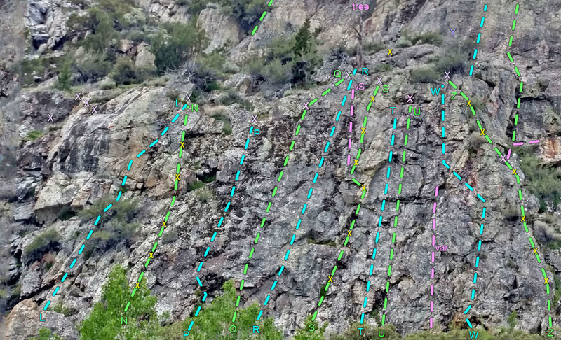 Lewis Cntr R
<br>
L. Shelves - Wander R
<br>
N. Central - L Ridge
<br>
P. L Gully
<br>
Q. L Overlap
<br>
R. R Overlap
<br>
S. Obelix
<br>
T. Blazar
<br>
U. IceCube
<br>
W. Far R Face
<br>
Y. R Squeeze
<br>
Z. R Edge
<br>
purple X = 2-bolt anchor