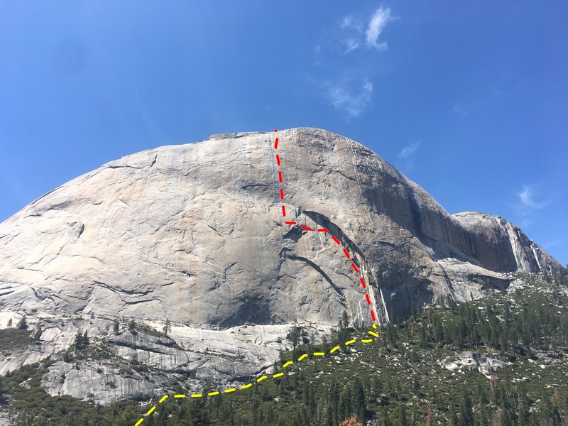 The south face of Half Dome. Growing Up climbs the main arch and continues straight to the top.