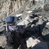 Sara Susca in the scree of the approach gully.