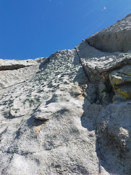 Looking up pitch 3 from pitch 2 anchors.  Didn't need #5, doubles to #4 was sufficient.  Crack 20' left of OW could take gear, has bolt to get to it but unsure if it's the 5.9 crack mentioned?