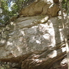 The front face of the boulder, facing towards the garden.