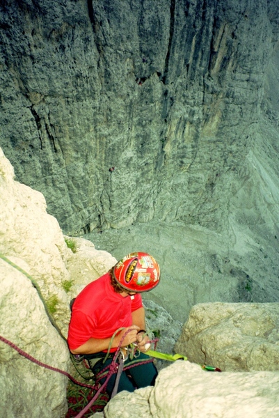 View of climbers on the Messner taken from the Vinatzer on the Third Sella.