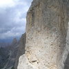 Upper face of the Third taken from the Second.  Vinatzer is the line that goes through the triangular roof (low middle of photo) above the spiral ledge descent.