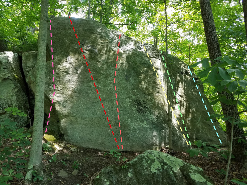 Slab near top of the hill. Continue past Easter Island on faint trail to reach the boulder. Fantastic friction slab climbing awaits!