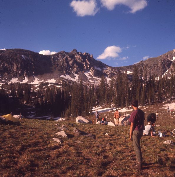 Perry-Mansfield climbing students at Mica Basin, 1968. The Sawtooth Range is in the background.