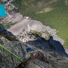 Looking down from the outstanding last pitch, very fun climbing in a beautiful position